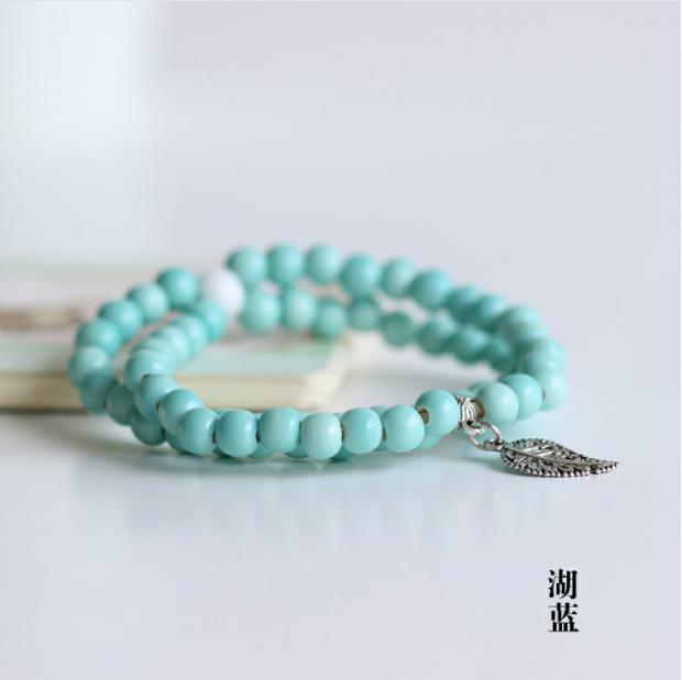 Ưu đãi đặc biệt [Hạt đôi lá] Vòng tay gốm tinh khiết Cặp đôi thủ công quốc gia nữ trang sức gió 146 vòng tay nữ đẹp