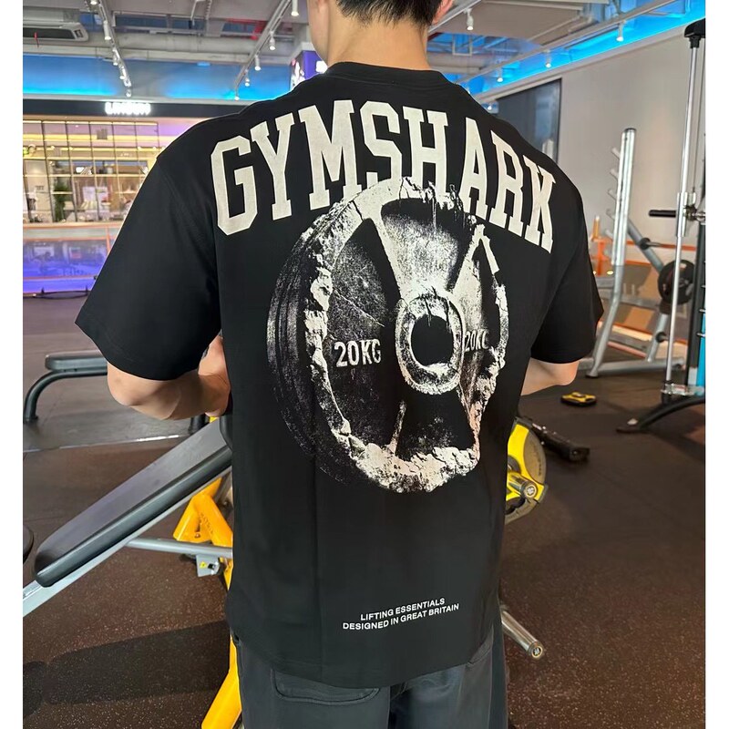 Gymshark Iron Barbell Plate Short-Sleeved Men's and Women's American Sports Casual Elastic Printed Cotton Loose T-Shirt