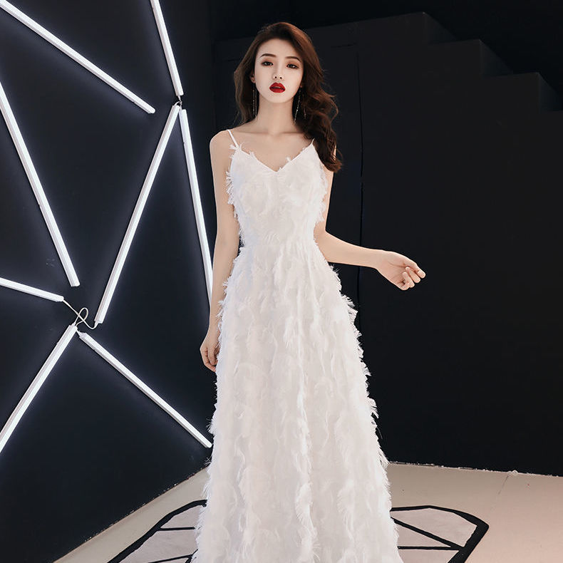 2026 New White Feather Strap Dress with Waist-Cinching Design, Slimming and Elegant V-Neck Long Fairy-Style Dress for Women