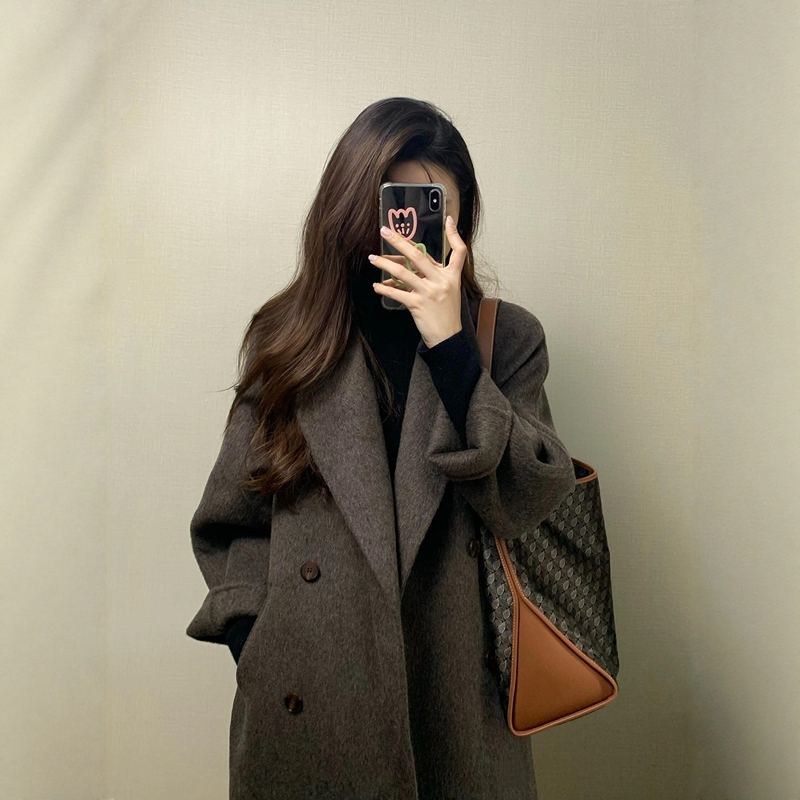 Brown Double-Sided Cashmere Coat for Women 2025 Autumn and Winter New Korean Style Loose Mid-Length High-End Woolen Coat