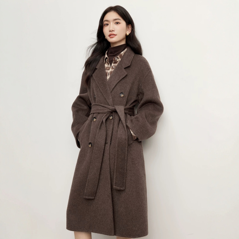 Brown Double-Sided Cashmere Coat for Women, Mid-Length, 2026 Autumn and Winter, Korean Style, Loose Fit, Belted, High-End Woolen Coat