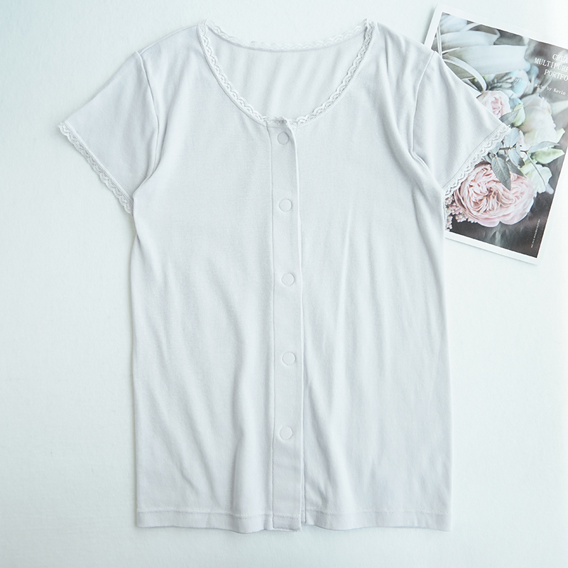 Japanese-Style Women's Pure Cotton Underwear, Round Neck, Short-Sleeved Cardigan with Hook-And-Loop Fasteners, Thin and Breathable Base Layer for Summer T210