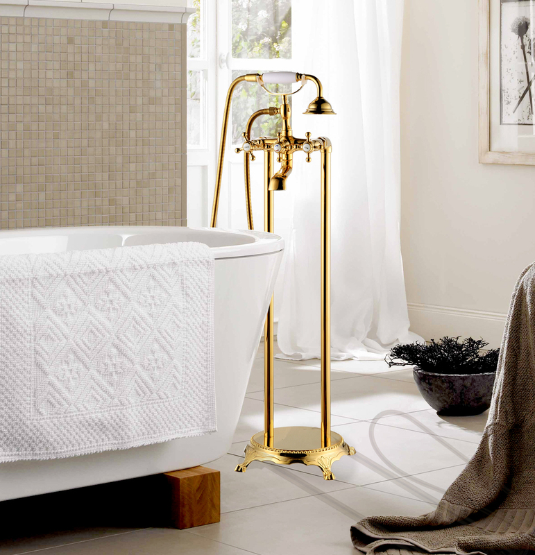 European-Style Antique Gold Floor-Standing Bathtub Faucet, Wooden Tub Side-Mounted Freestanding Imperial Bathtub Side Hot and Cold Water Faucet