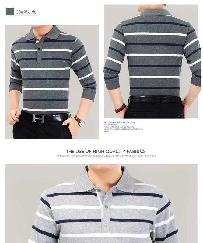 Đàn ông trung niên dài tay mùa hè mỏng phần ve áo T-shirt cotton polo áo sơ mi trung niên lỏng lẻo sọc nam tay áo ngắn áo phông nam có cổ