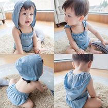 Rabbit ears elastic back sleeveless hooded triangle coat Newborn halter jumpsuit Climbing suit bag fart clothes tide