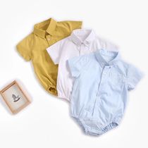 Male Treasure Pure Color Flip Collar Buttoned Short Sleeve Triangle Khaama Baby Cotton Fabric Shirt Style Climbing Suit Jacket Farting Clothes