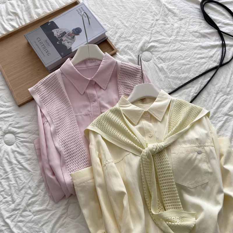 Short Women's Loose Long-Sleeve Shirt with Turn-Down Collar and Patch Pockets, Featuring a Knitted Shawl and Button-Up Casual Cardigan Short Women's Loose Long-Sleeve Shirt with Turn-Down Collar and Patch Pockets, Featuring a Knitted Shawl and Button-Up Casual Cardigan