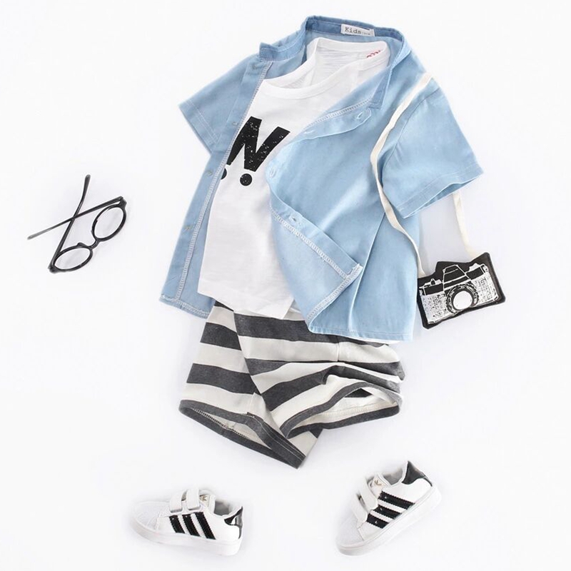 Boys' cotton stand collar short-sleeved shirt striped beach shorts two-piece children's casual suit summer tide