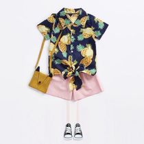 Womens treasure Cotton Pineapple Print Hem strap short sleeve shirt Pink shorts two-piece childrens summer suit