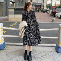 Spring 2022 new cold wind womens high-end French retro dress Hepburn floral chiffon dress