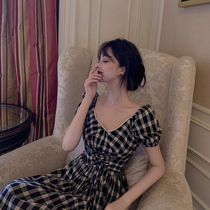 Summer dress 2022 new womens French plaid dress tea break skirt little black dress puff sleeve a-line long skirt