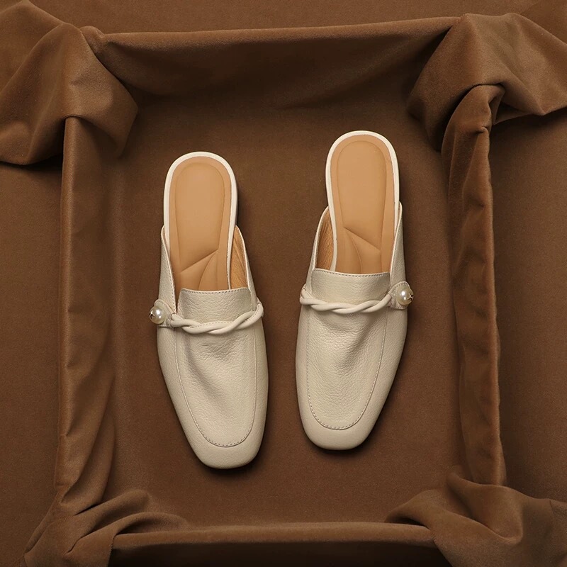 Soft Sheepskin French Genuine Leather Mules for Women, Chunky Heel, Suitable for Outdoor Wear, New Summer Mid-Heel Mules, Slip-On Slippers