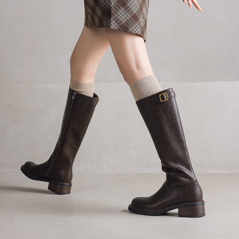 Extremely Leg-Lengthening~~ Retro Round-Toe Side-Zip Wide-Leg Riding Boots for Women with Chunky Heels, High Shaft, Wide Circumference, Brown Long Boots