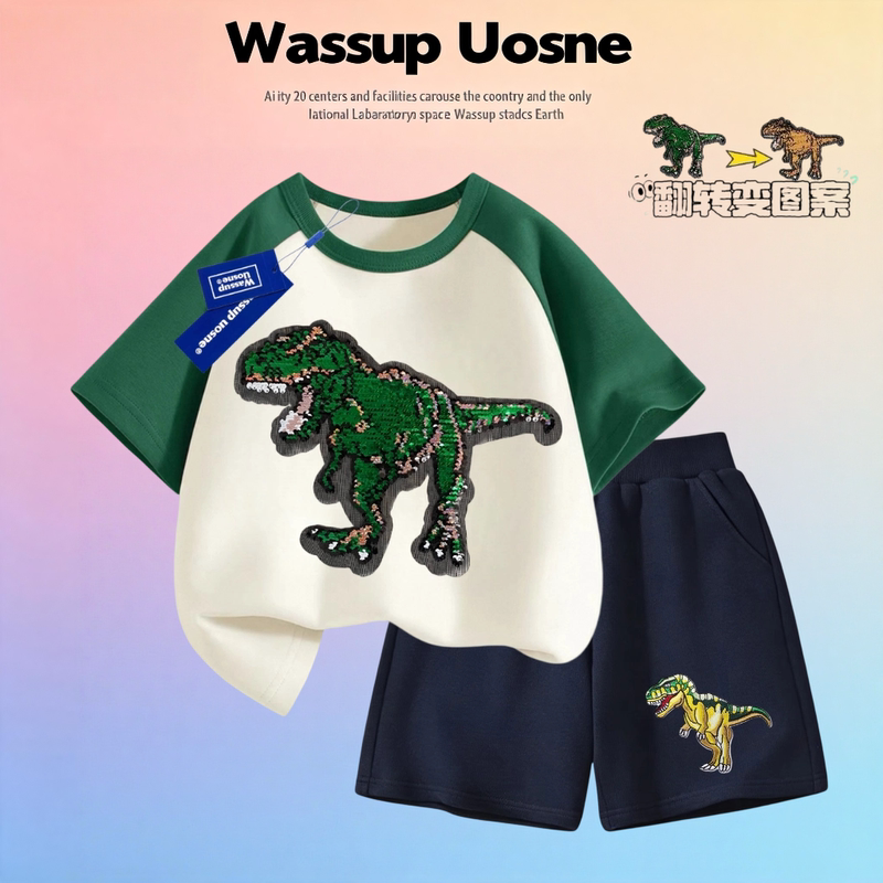 Dinosaur Tyrannosaurus Sequin Wassup Collaboration Summer Cute Boys and Girls Short-Sleeved Pure Cotton T-Shirt Breathable Shorts Dinosaur Tyrannosaurus Sequin Wassup Collaboration Summer Cute Boys and Girls Short-Sleeved Pure Cotton T-Shirt Breathable Shorts