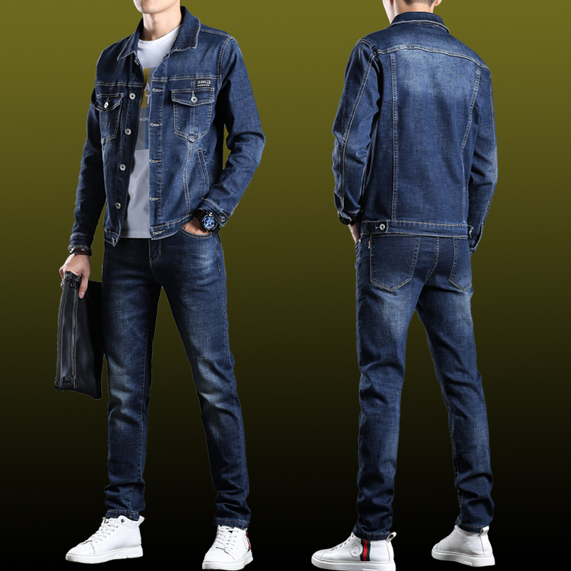 2023 Spring and Autumn Denim Suit for Men, Casual Two-Piece Set, Long-Sleeve Slim Fit Jacket, Youth Outerwear, Korean Trend
