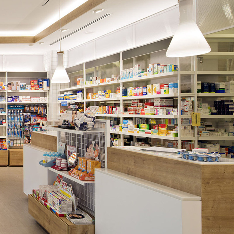 Upscale Wood Drugstore Display Cabinet Small Retail Pharmacy Design Floor Plan Children's Clothing Store Display Rack Shelves