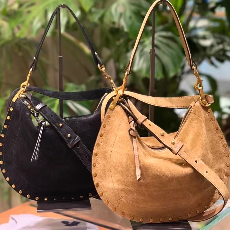 Fashionable Niche Suede Women's Bag, Genuine Leather French-Style Shoulder Crossbody Bag, Matte Leather Studded Bag, Large Capacity