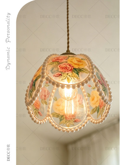Dige French-Style Vintage Painted Rose Pearl Small Pendant Light for Bedroom Bedside, Entryway, Bar Counter Floral Pendant Light