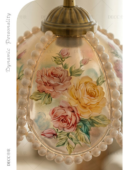 Dige French-Style Vintage Painted Rose Pearl Small Pendant Light for Bedroom Bedside, Entryway, Bar Counter Floral Pendant Light