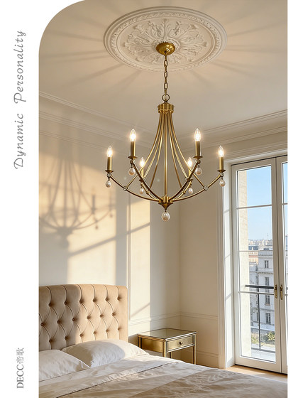 French-Style Vintage Candle Chandelier for Bedroom and Dining Room, American-Style Retro High-End Mid-Century Luxury All-Copper Lighting Fixtures
