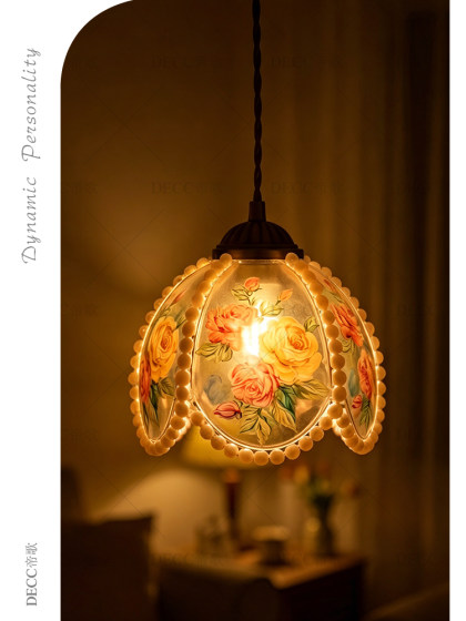Dige French-Style Vintage Painted Rose Pearl Small Pendant Light for Bedroom Bedside, Entryway, Bar Counter Floral Pendant Light