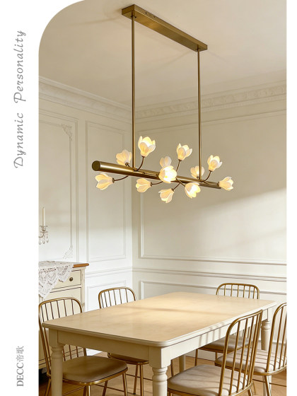 French-Style All-Copper Creative Magnolia Flower Restaurant Chandelier, American Retro Cream-Style Cozy All-Copper Lighting for Dining Room