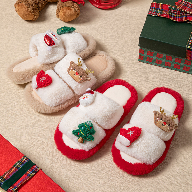 2026 Christmas Atmosphere Fluffy Cartoon Double-Bar Home Cotton Slippers Creative Christmas Color-Blocking Plush Slippers 2026 Christmas Atmosphere Fluffy Cartoon Double-Bar Home Cotton Slippers Creative Christmas Color-Blocking Plush Slippers