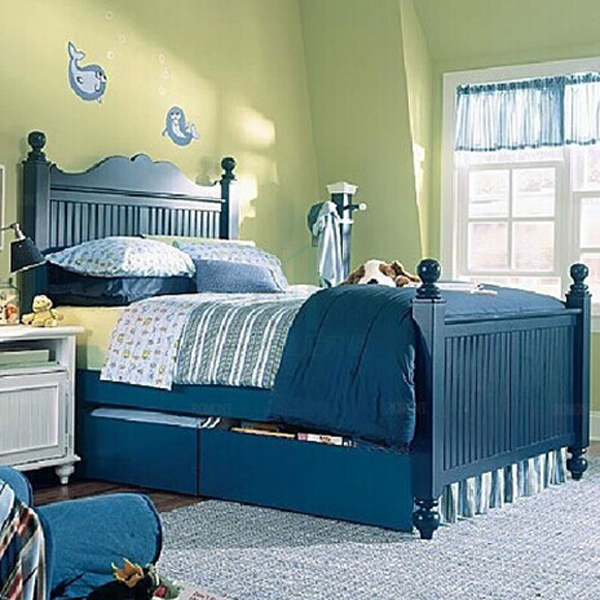 Small apartment factory custom furniture solid wood furniture American country Mediterranean style blue drawer storage bed