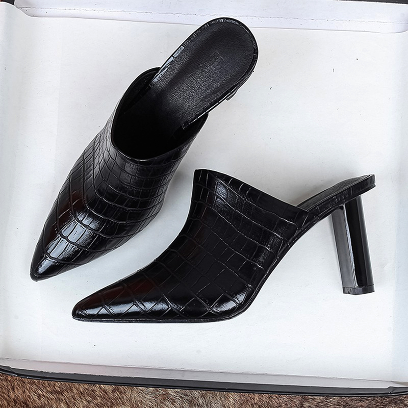 European Style Summer 2026 New Pointed-Toe High-Heeled Women's Shoes, Closed-Toe Mules, Black Simple Genuine Leather Slippers for Women