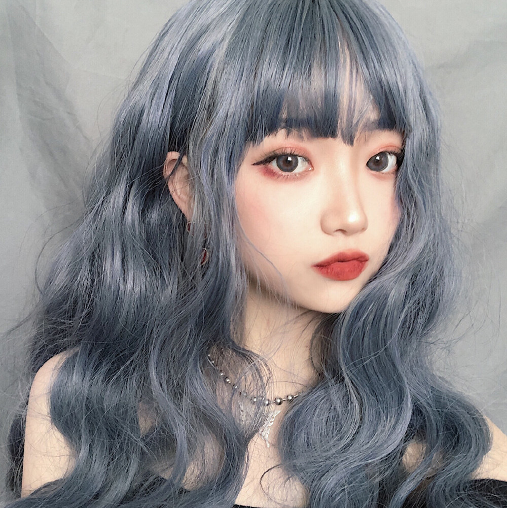 Foggy blue grey wig woman with long curly hair net red air Liuhai corn bronzed wool foam noodles with small roll of whole headgear