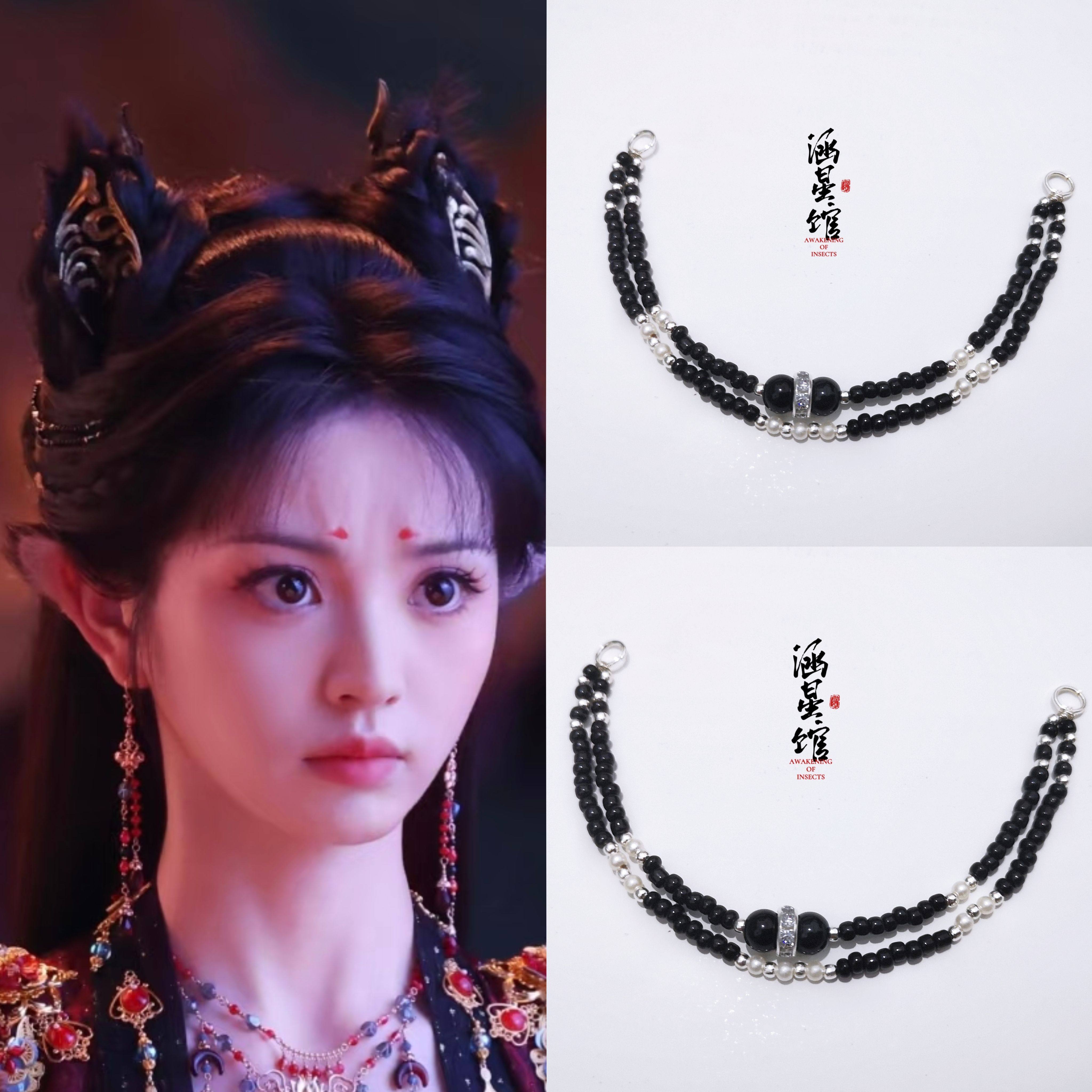 Античная аксессуары 子夜归田曦薇同款暗黑猫系月牙项链红色流苏耳环首饰戒指