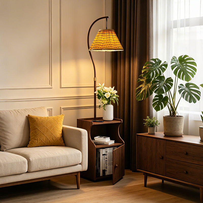 Vintage Curved Walnut Wood Lamp Cabinet with Storage Side Table, Hollow Rattan Lampshade, French-Style Mid-Century Study Bedroom Floor Lamp Vintage Curved Walnut Wood Lamp Cabinet with Storage Side Table, Hollow Rattan Lampshade, French-Style Mid-Century Study Bedroom Floor Lamp