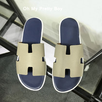 Slippers men wear European station leather beach rice gray size outdoor sandals color matching drag
