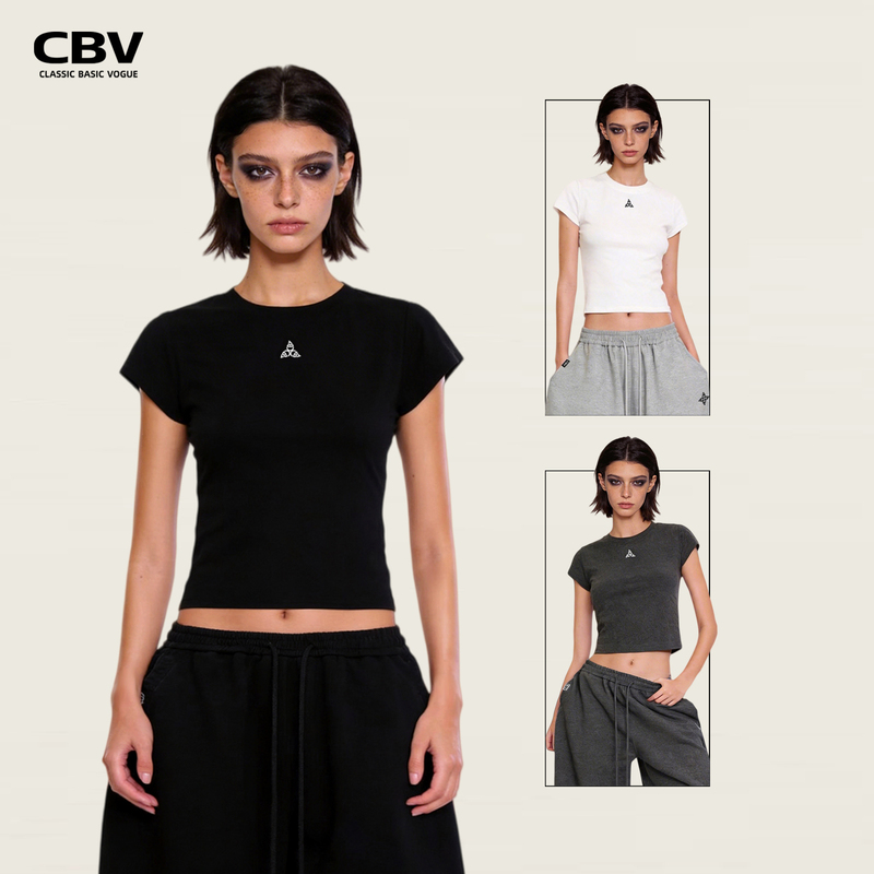 Cbv American Retro Three-Leaf Windmill Floral Embroidered Logo Round Neck Ultra-Short Sleeve T-Shirt for Women, Summer Slim Fit Top Cbv American Retro Three-Leaf Windmill Floral Embroidered Logo Round Neck Ultra-Short Sleeve T-Shirt for Women, Summer Slim Fit Top