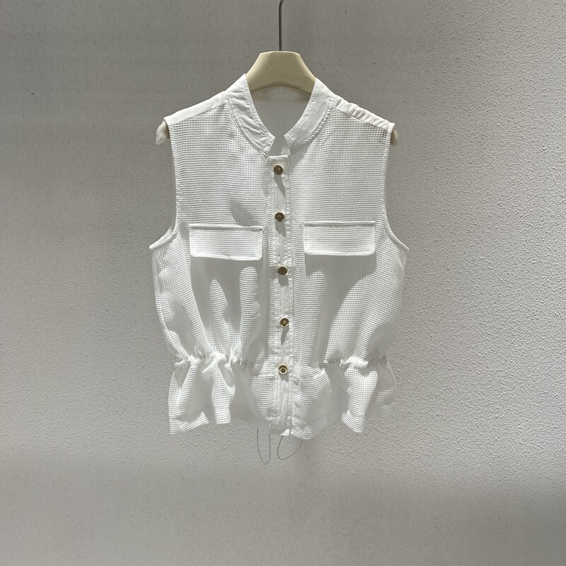 French-Style Exquisite Outfit for Young Women: Single-Breasted Stand-Collar Sleeveless Vest with Drawstring Waist and Hollow-Out Design 188961