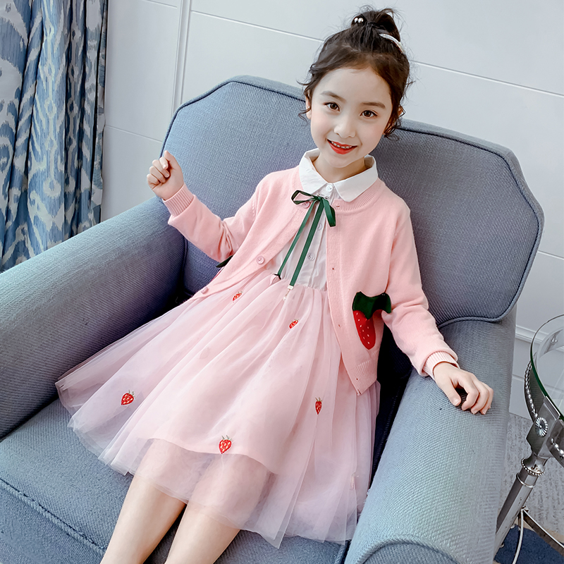 Girl's autumn clothing suit 2021 new children's clothing online red little girl's knitted sweatshirt skirt Children princess dress Two sets