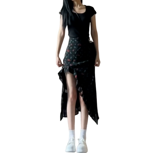 Асимметричная черная летняя длинная юбка, цветочный принт, подходит для подростков