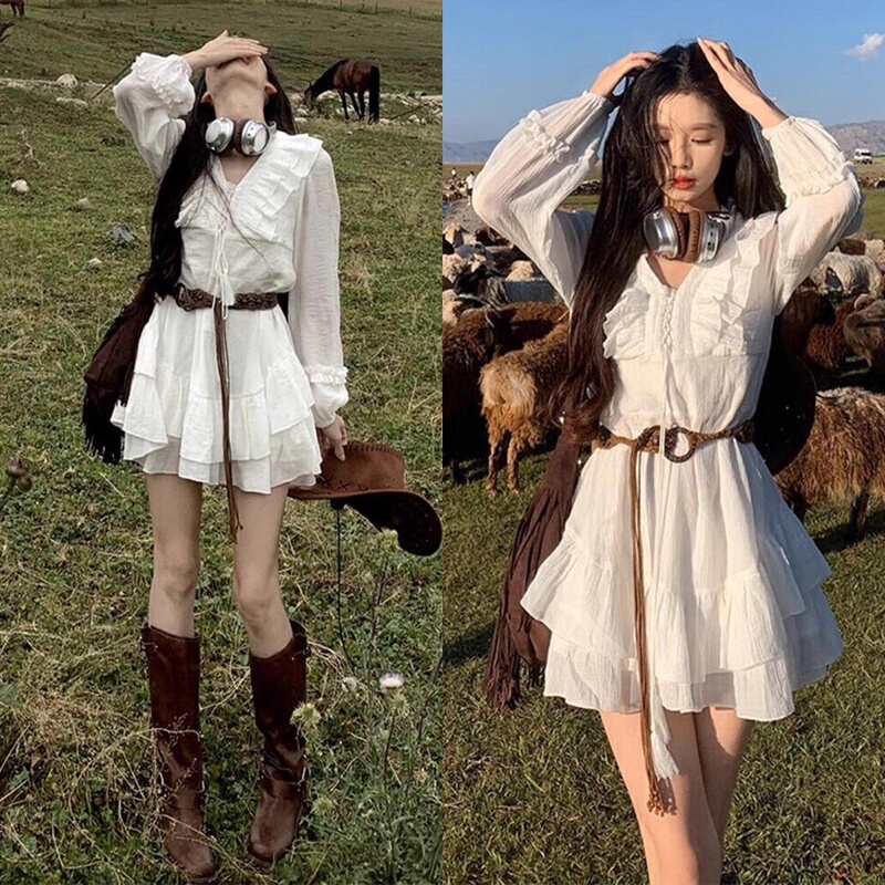 Very Beautiful Travel Outfit, White Long-Sleeved Dress for Women, Suitable for Summer in the Grassland, 2026 New French Style, Elegant Inner Wear
