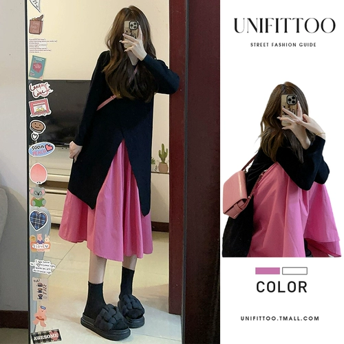 Черное женское трикотажное платье с длинными рукавами 𫔭Весна 2025, новый студенческий стиль, снижающий возраст, с полным комплектом