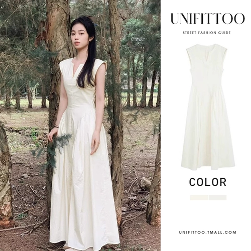 Летнее белое платье без рукавов без рукавов, длинная юбка, V-образный вырез, подходит для подростков, по фигуре, китайский стиль