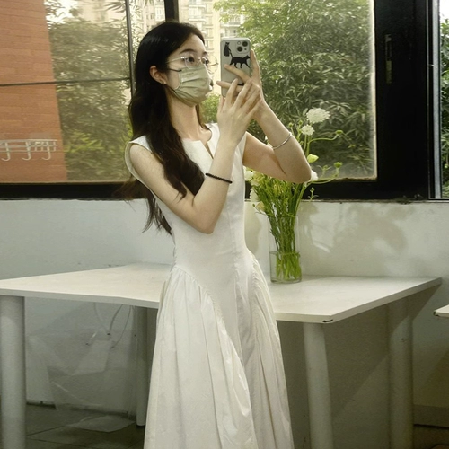 Летнее белое платье без рукавов без рукавов, длинная юбка, V-образный вырез, подходит для подростков, по фигуре, китайский стиль