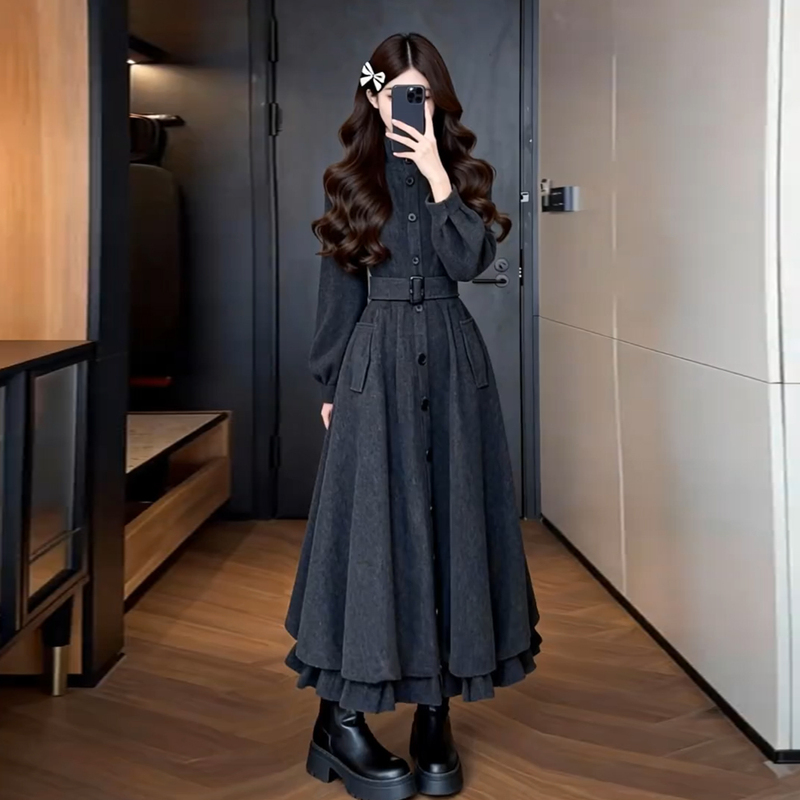 French-Style Stand-Up Collar Long-Sleeve Dress for Women, Autumn 2026 New Model, Waist-Cinching, Slimming A-Line Long Dress with a High-End and Elegant Feel