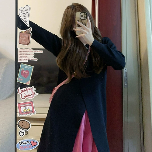 Черное женское трикотажное платье с длинными рукавами 𫔭Весна 2025, новый студенческий стиль, снижающий возраст, с полным комплектом