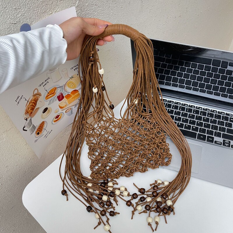 Bohemian Style Hand-Woven Tassel Mesh Bag for Women, Fashionable Shoulder Crossbody Bag, Seaside Vacation Style Beach Bag