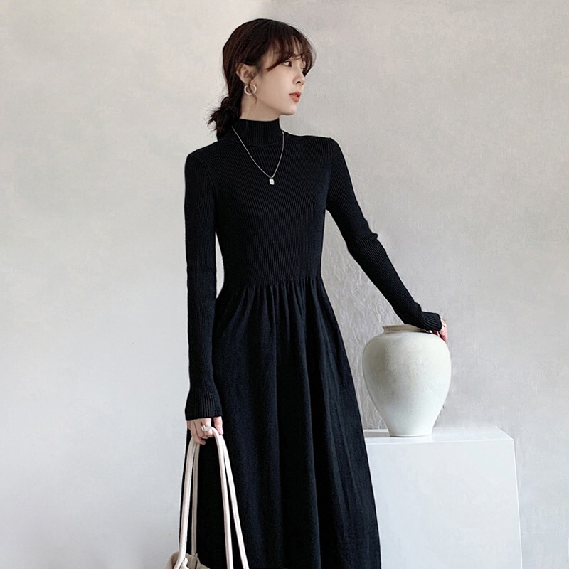 Plus Size Women's Long Sweater Dress, Fat Girl Style, Deep Winter Elegant Base Coat, Extra Long Black Knitted Long Dress