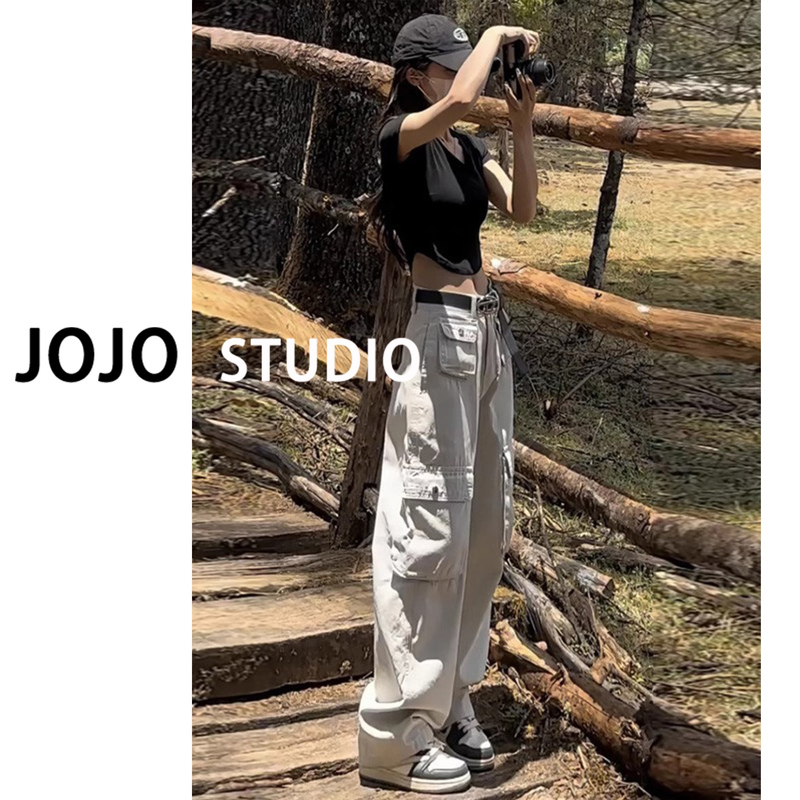 American Retro High Street Sand-Colored Workwear Denim Wide-Leg Pants for Women 2025 Spring/Summer New High-Waisted Straight Long Pants