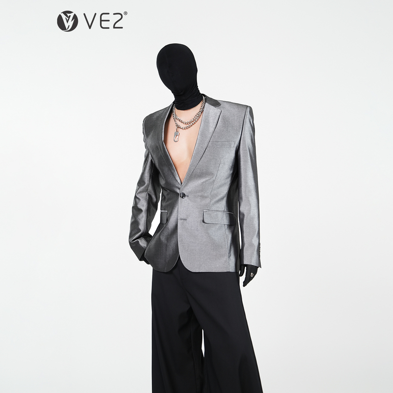 Ve2 High-End Liquid Silver Gray Slim-Fit Suit Jacket for Men, All-Season Casual Shoulder-Padded Suit, Groomsmen Suit Jacket