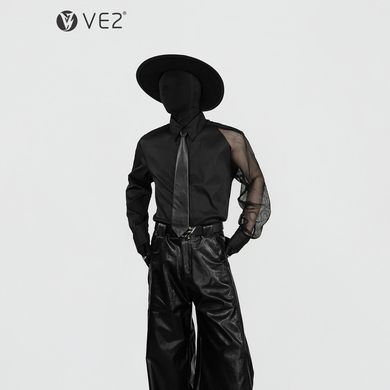 Ve2 Deconstructed Design Mesh Patchwork Black Shirt Male Group Stage Performance Regular Shoulder Niche Long-Sleeve Shirt Jacket