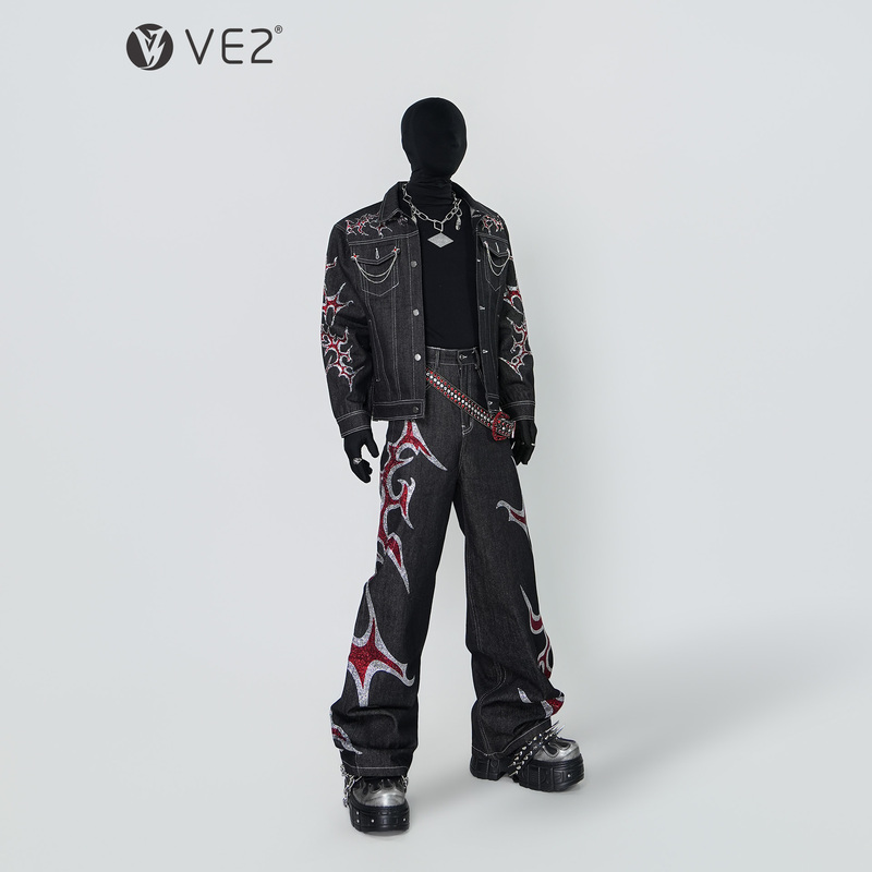 Ve2 Dark Subculture Denim Suit for Men, Heavy-Duty Rhinestone Thorn High Street Y2K Jacket and Wide-Leg Pants Two-Piece Set