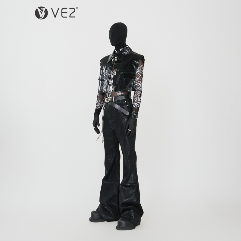 Ve2 Dark Pioneer Fashion Suit Men's Three-Piece Short Shoulder-Padded Vest High-End Coated Denim Flared Pants Ve2 Dark Pioneer Fashion Suit Men's Three-Piece Short Shoulder-Padded Vest High-End Coated Denim Flared Pants